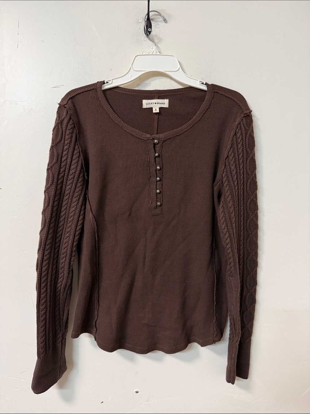 Lucky Brand Women's Brown Cable-Sleeve Henley Top